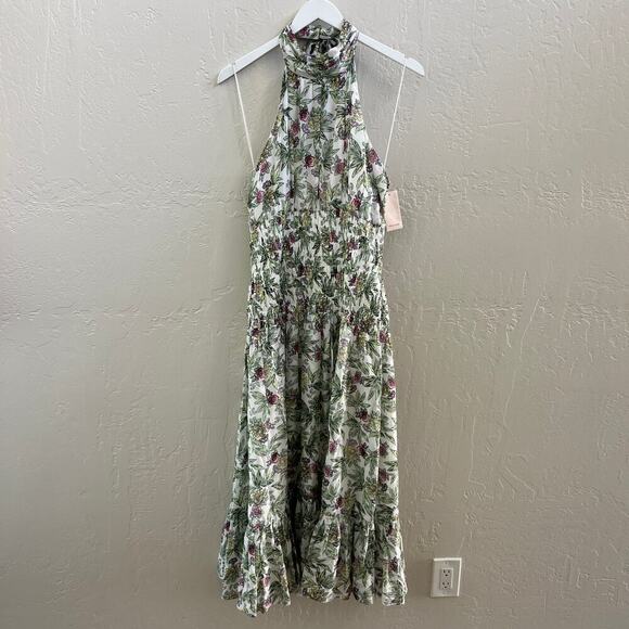 NEW $495 Cinq a Sept White Green Floral Printed Halter Fit + Flare Midi Dress - Picture 2 of 4